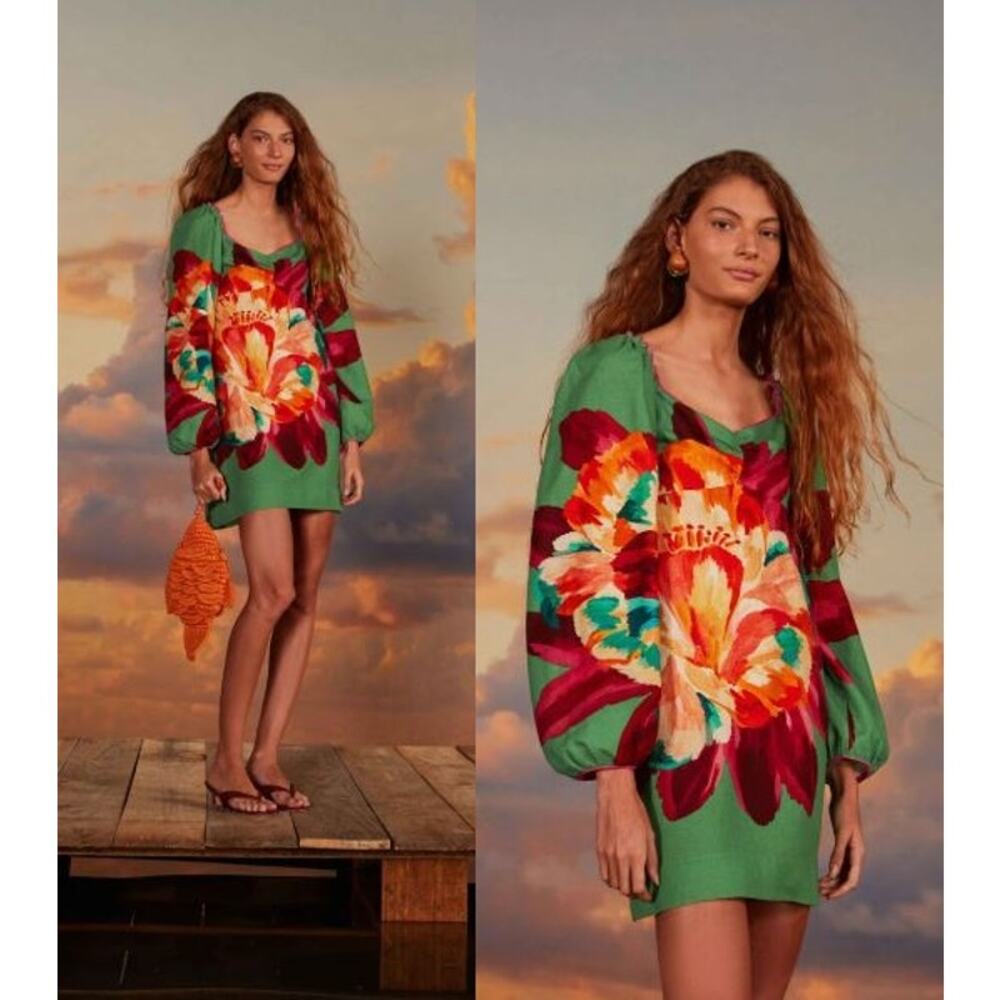 Farm Rio Tropicart Mini Dress Floral Print Balloon Sleeve Green Womens Sze Small